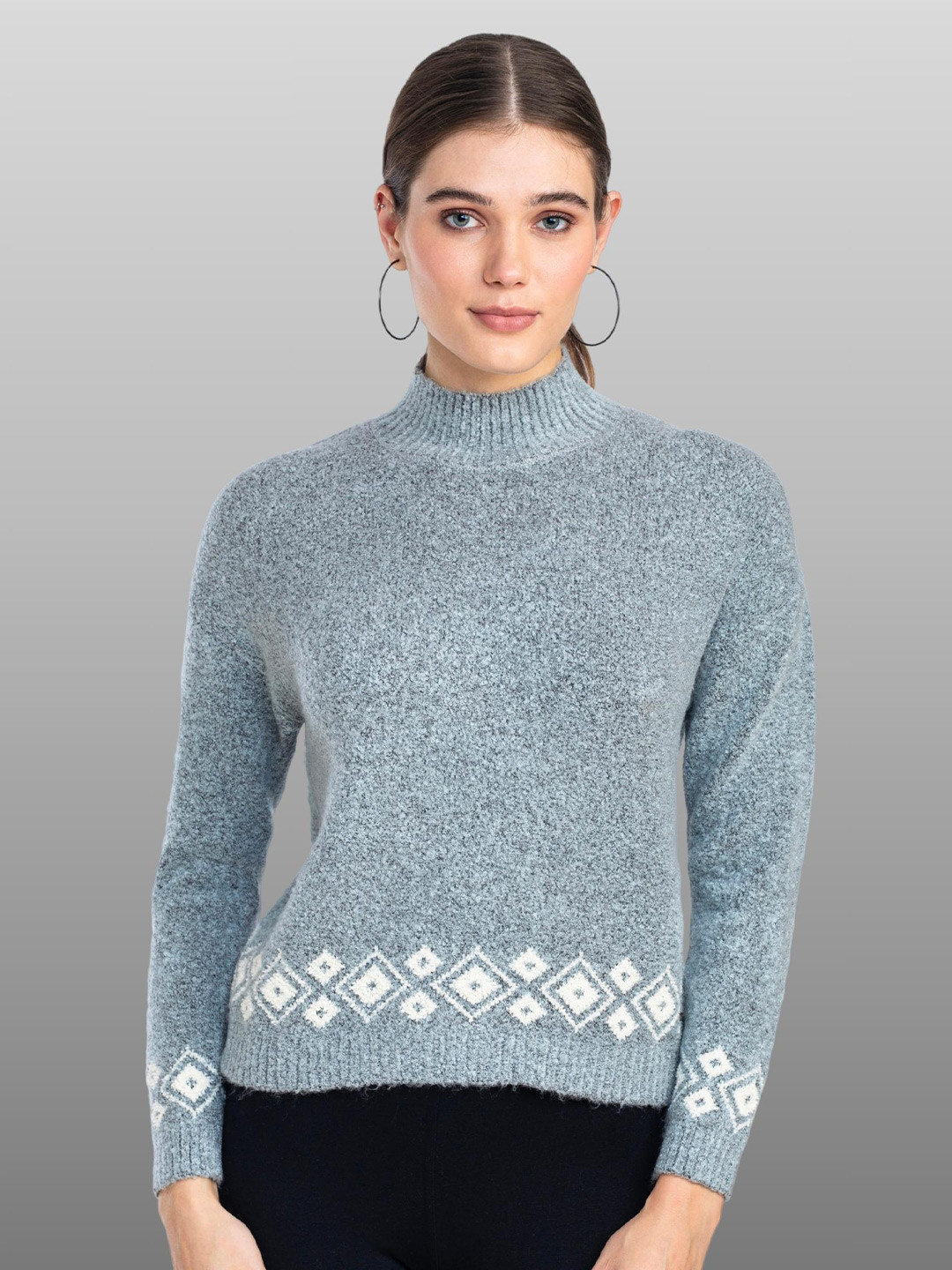 Moda Elementi Geometric Printed Turtle Neck Pullover Sweater