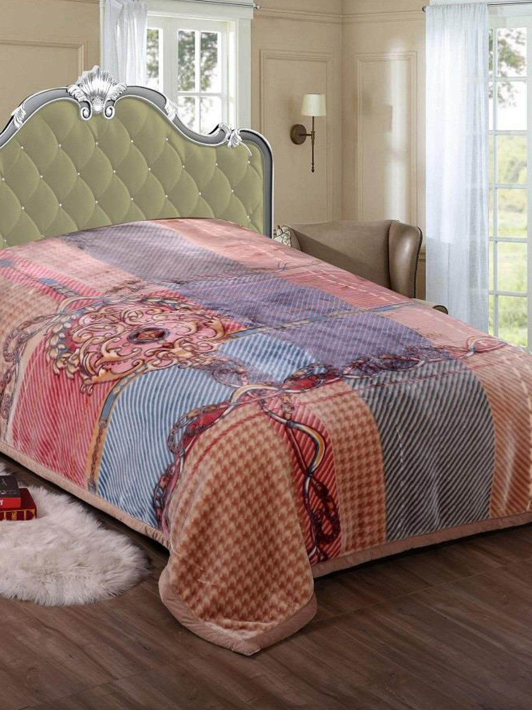 Signature The Club Collection Pink Blue Ethnic Motifs Heavy Winter Double Bed Blanket