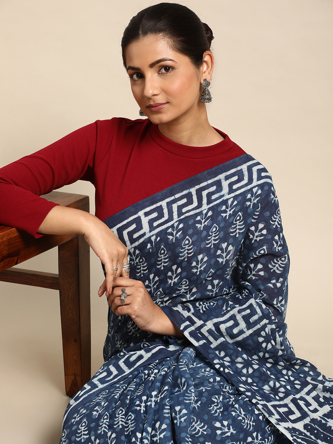 Taavi Floral Pure Cotton Fusion Block Print Saree