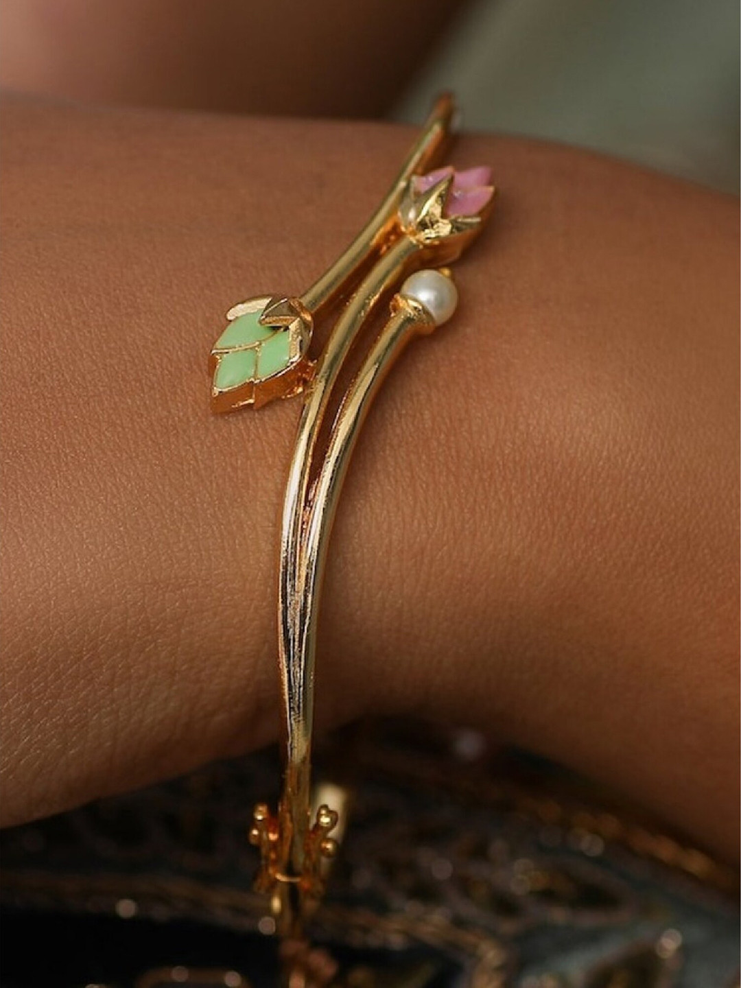 Tarinika Gold-Plated Jalaja Double Lotus Bud Stone Studded Bangle-Style Bracelet