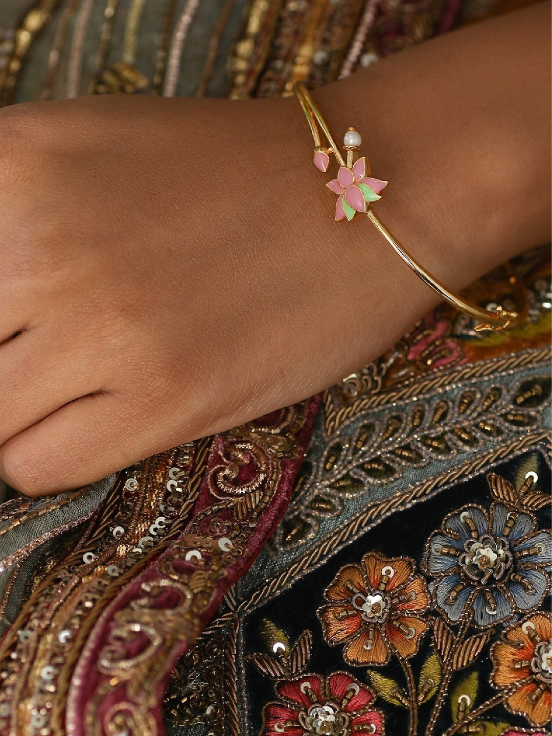 Tarinika Gold-Plated Jalaja Lotus Bud Stone Studded Bangle-Style Bracelet