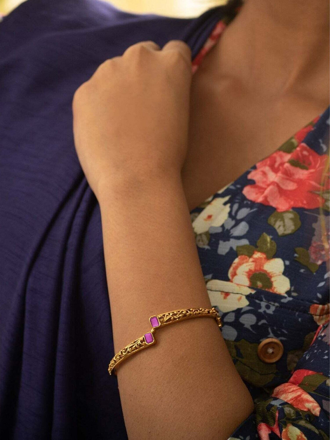 Tarinika Aretha Gold-Plated Tribal Cubic Zirconia Studded Bangle-Style Bracelet