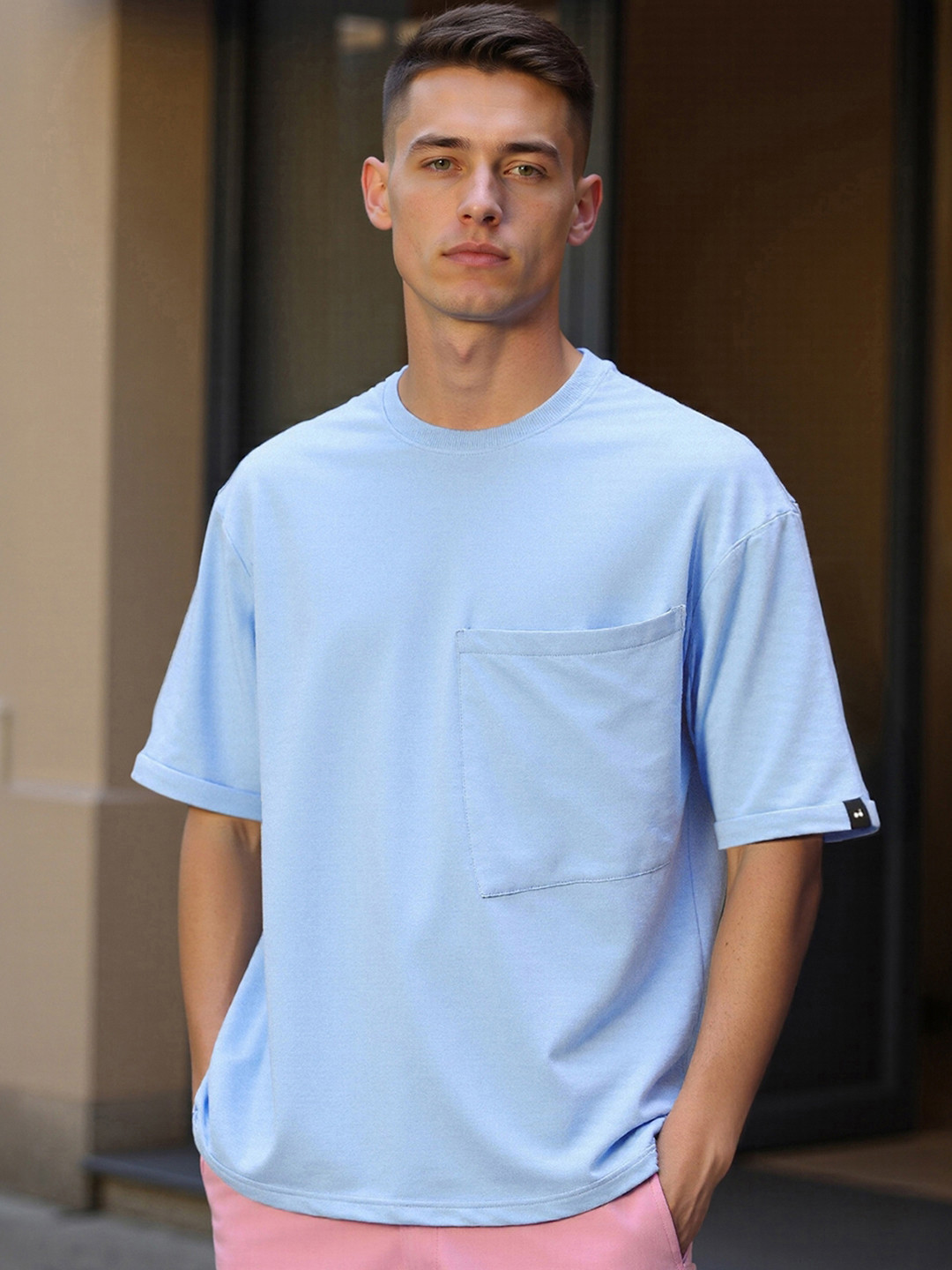 Bewakoof Drop-Shoulder Sleeves Pocket Detail Relaxed Fit Cotton T-shirt