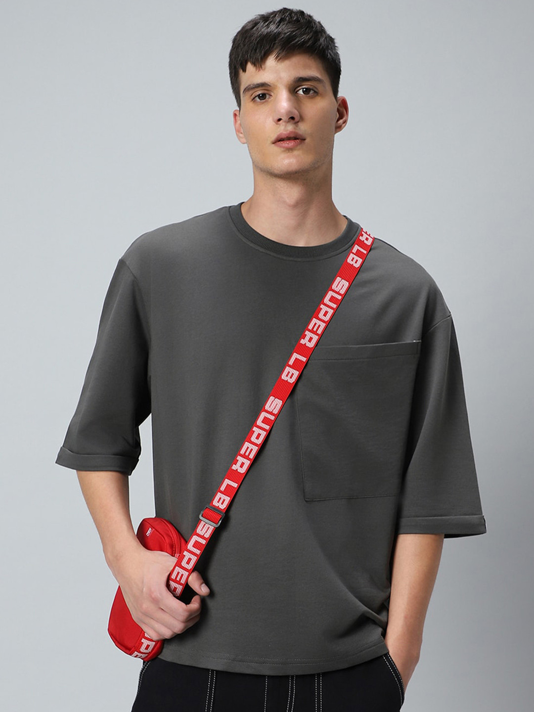 Bewakoof Drop-Shoulder Sleeves Pocket Detail Relaxed Fit Cotton T-shirt