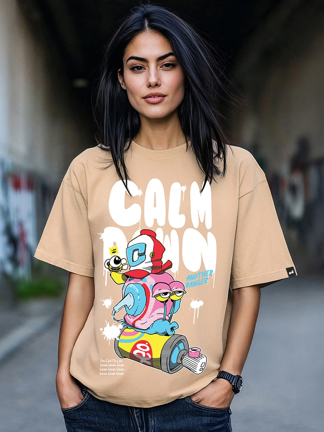 Bewakoof Brown Calm Down Graphic Printed Oversized Cotton T-shirt