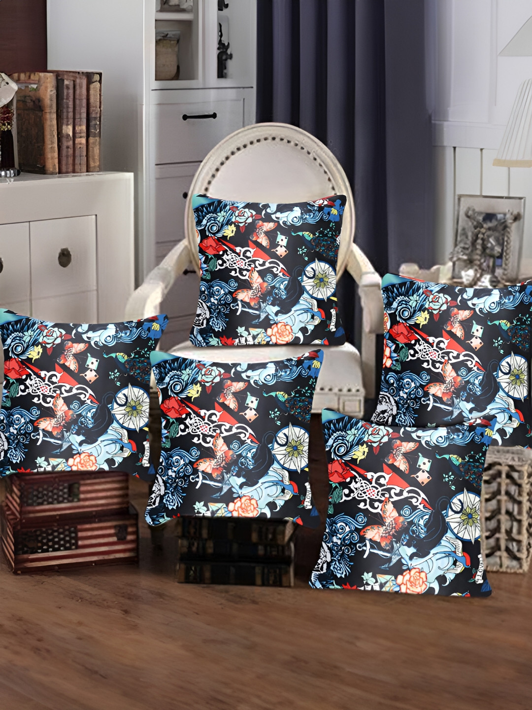 Tesmare Navy Blue Floral Satin Ultra Soft 5 Pcs Embellished Square Cushion Covers -16x16In