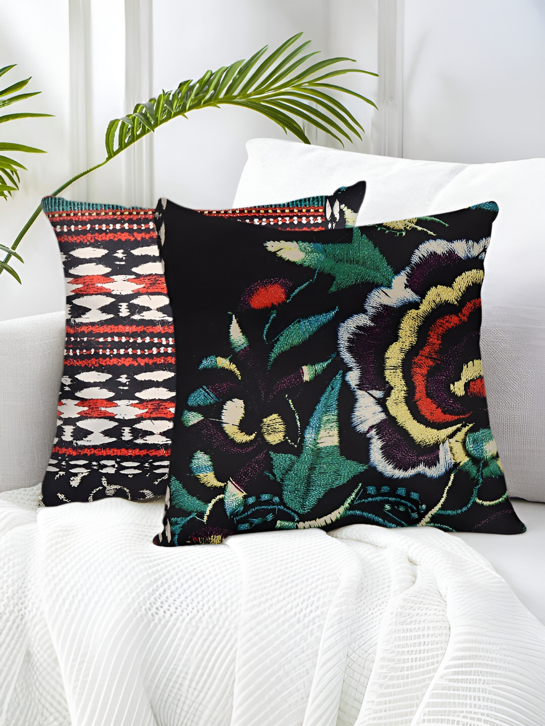 Tesmare Black 2 Pieces Ethnic Motifs Velvet Square Cushion Covers
