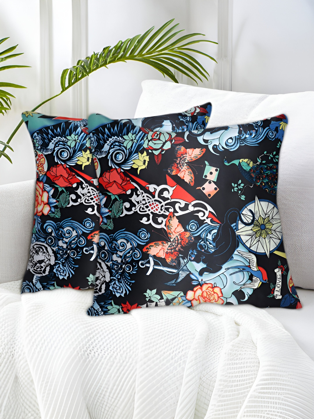 Tesmare Navy Blue & Red 2 Pieces Floral Satin Square Cushion Covers