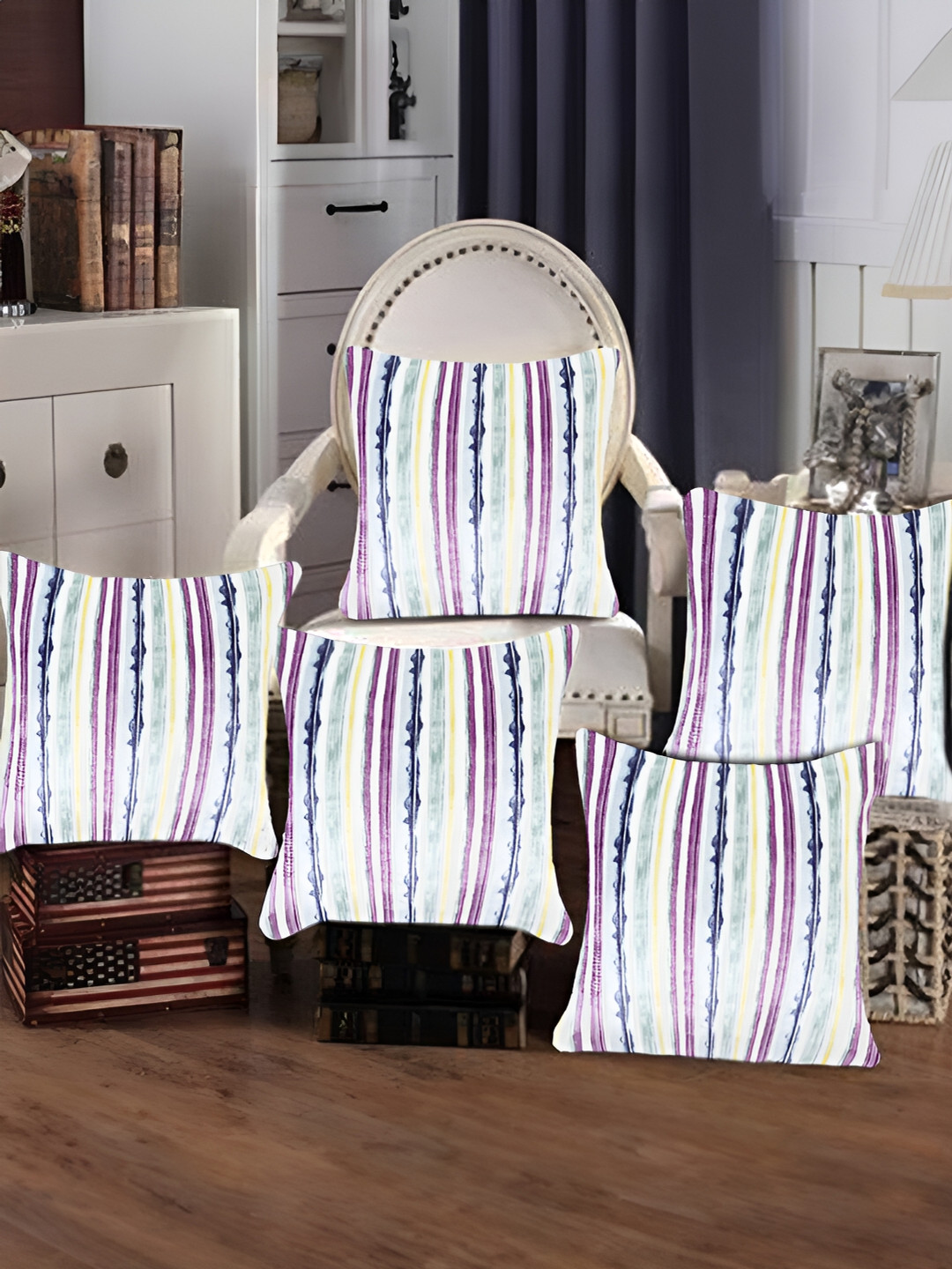 Tesmare White & Navy Blue 5 Pieces Striped Velvet Square Cushion Covers