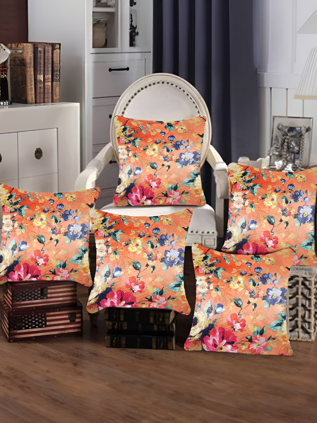 Tesmare Orange Floral Velvet Washable 5 Piece Square Cushion Covers -16x16In