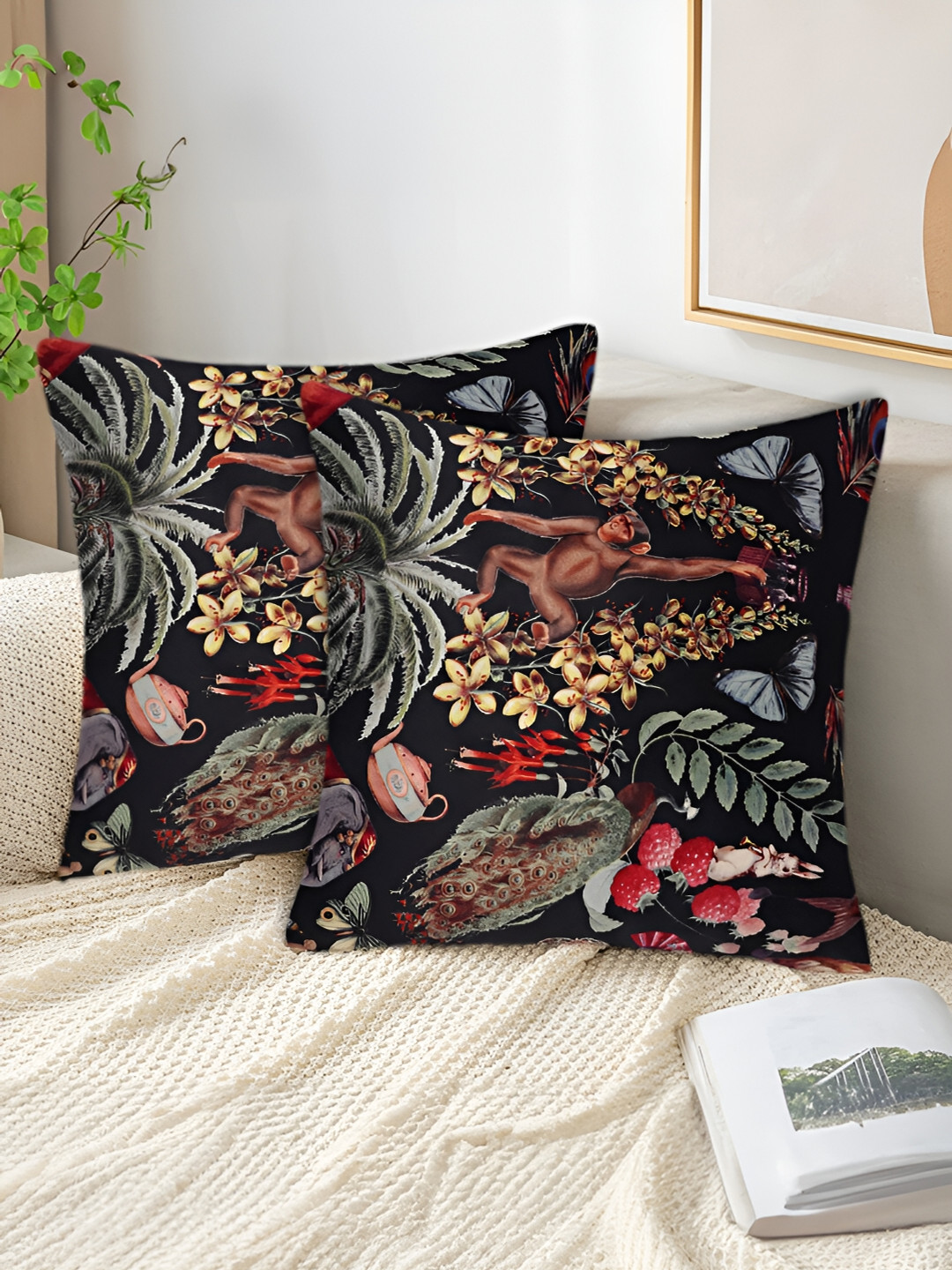 Tesmare Black & Red 2 Pieces Animal Print Velvet Square Cushion Covers