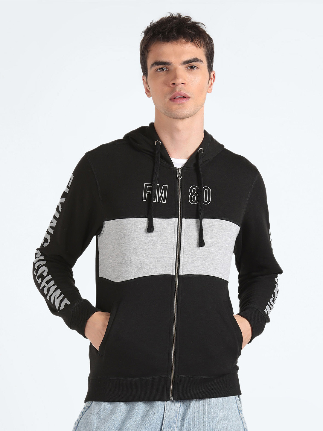Flying Machine Men Black Colourblocked Hooded Front-Open Sweatshirt