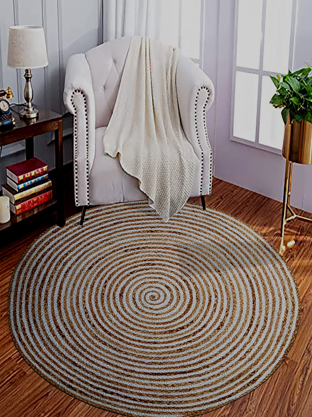MRIC White & Beige Circular Traditional Braided Jute Carpet