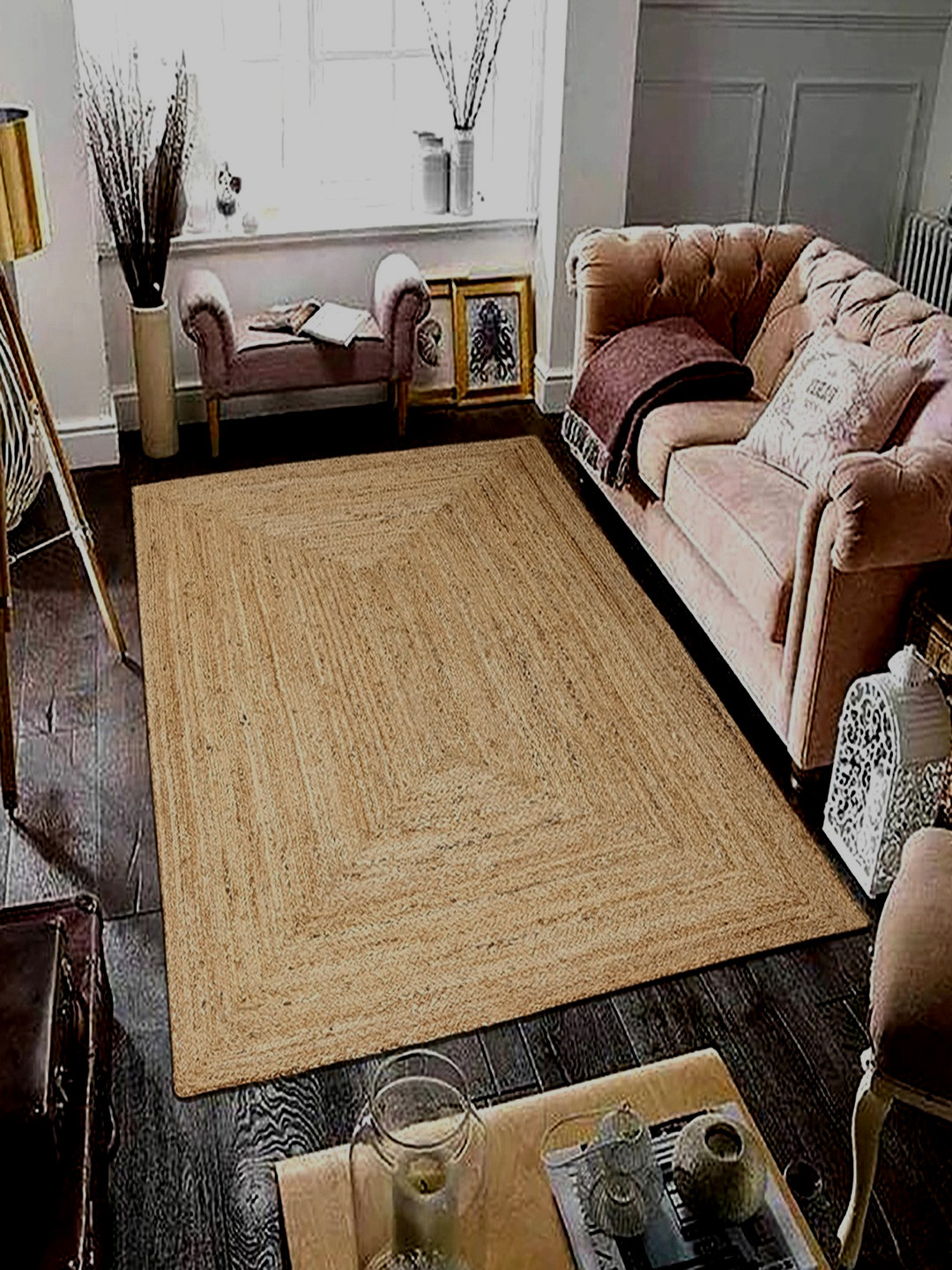 MRIC Beige Rectangular Traditional Braided Jute Carpet