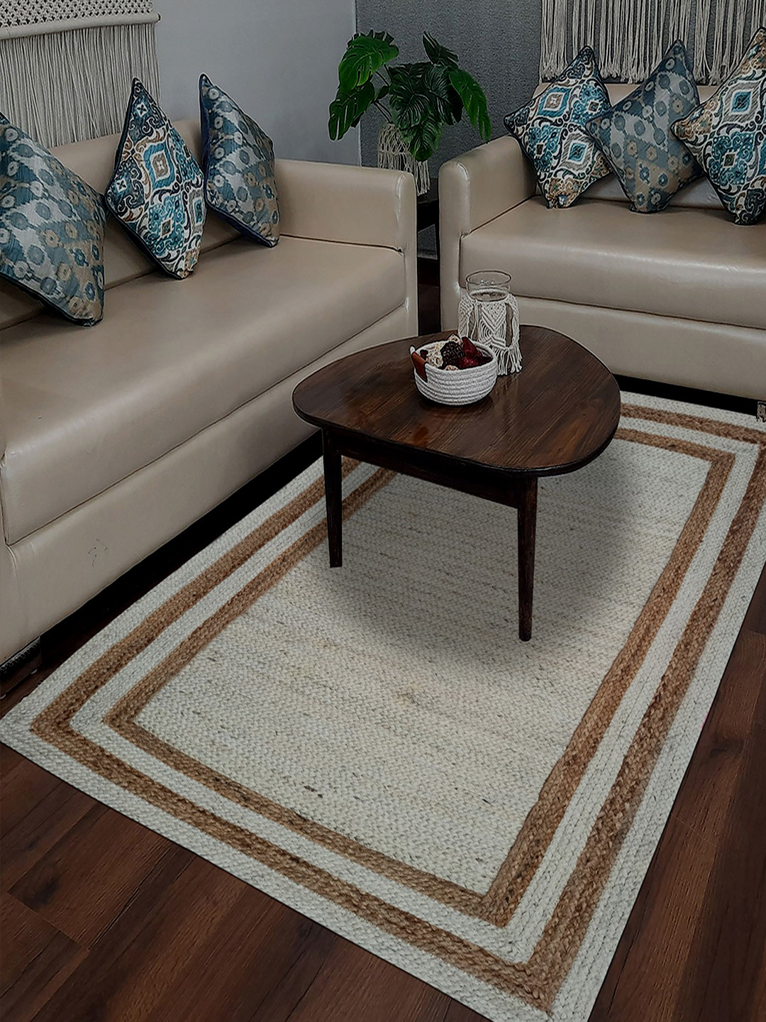 MRIC White & Beige Rectangular Traditional Braided Jute Carpet