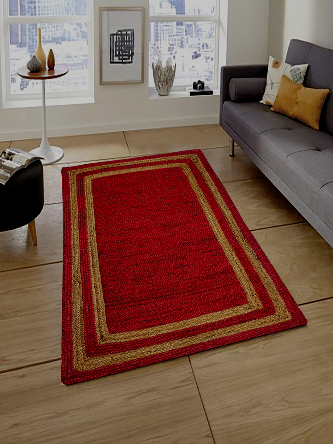 MRIC Red & Beige Traditional Braided Rectangular Jute Carpet