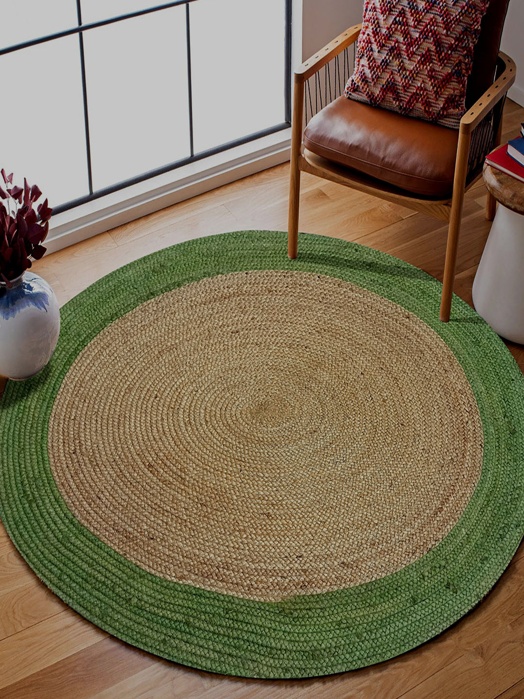 MRIC Beige & Green Self Design Jute Carpet