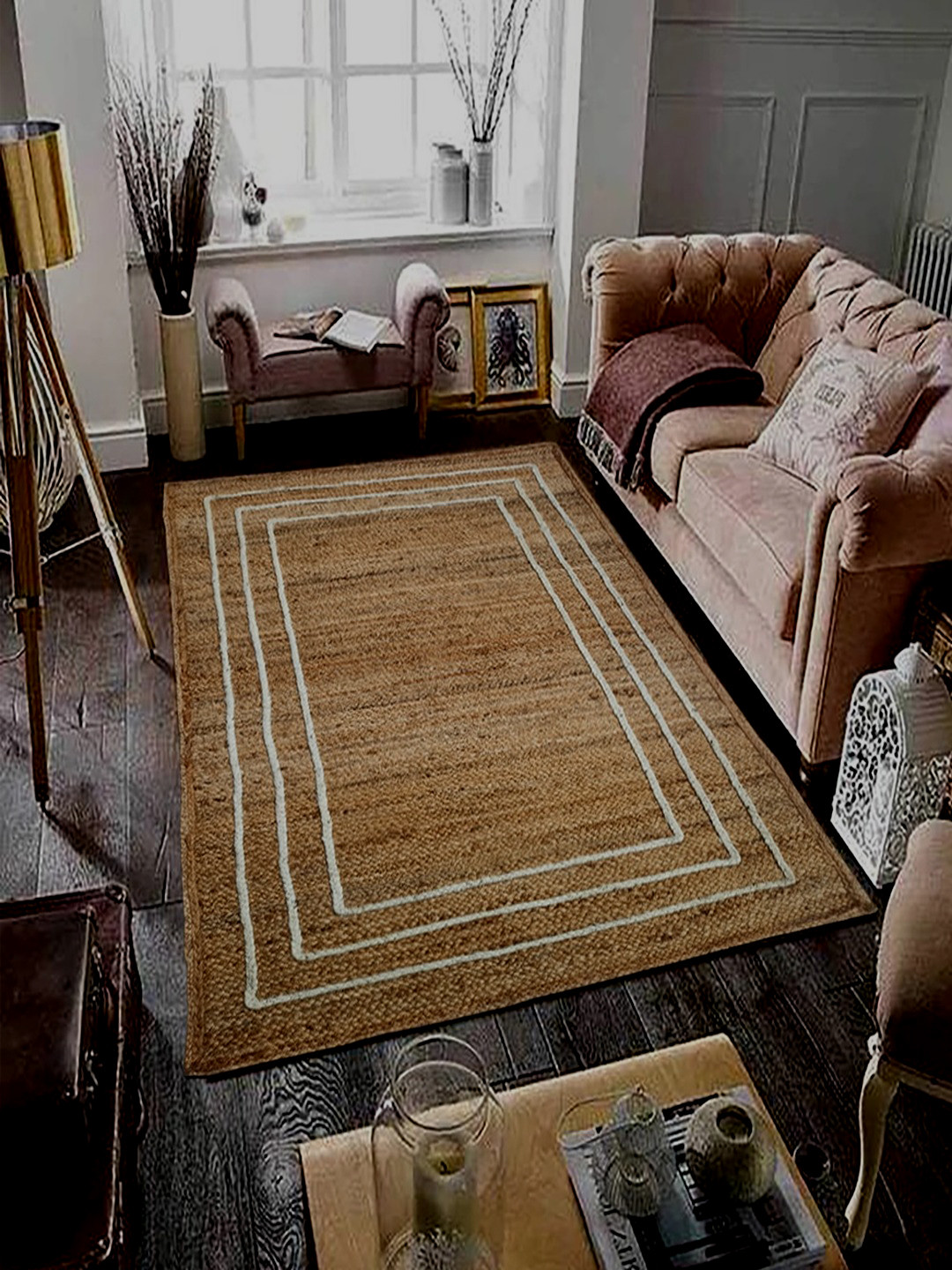 MRIC Beige & White Self Design Jute Carpet