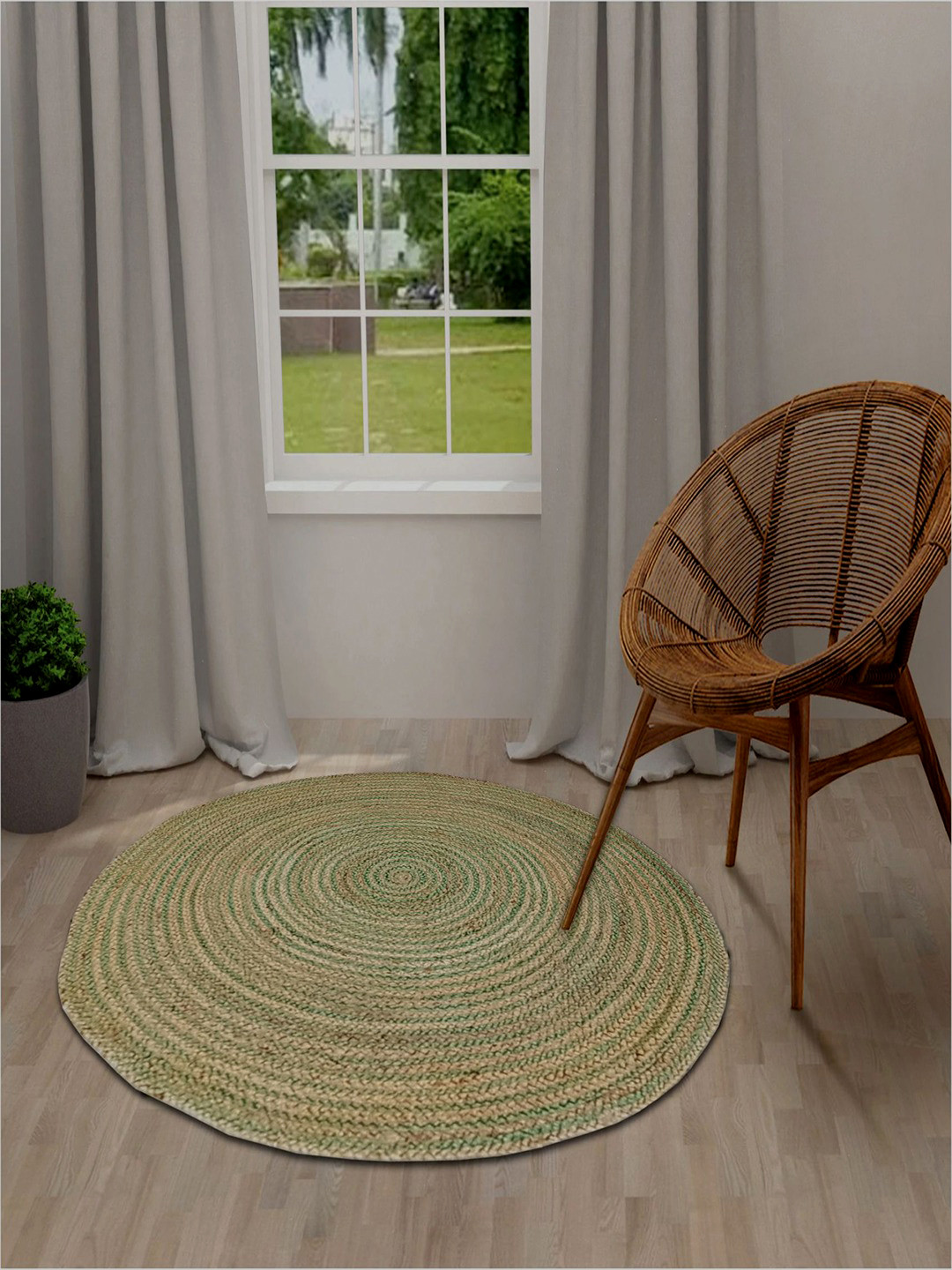 MRIC Beige & Green Self Design Jute Carpet