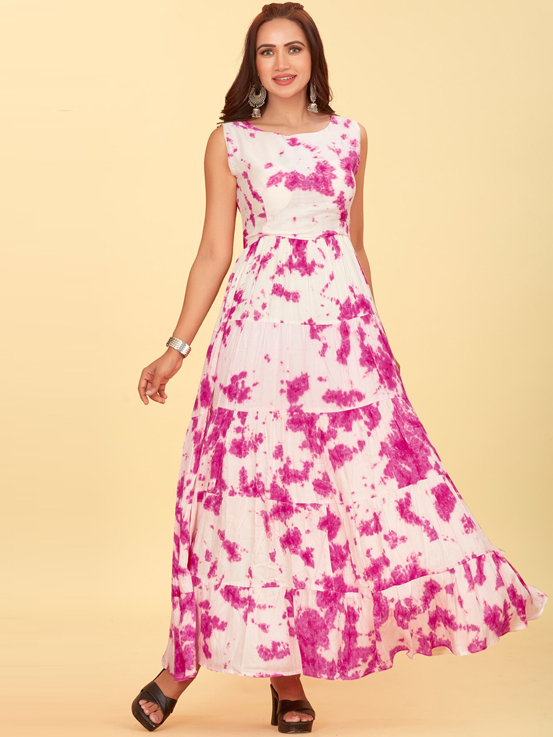 CHANSI Abstract Printed Round Neck Layered Maxi Dress