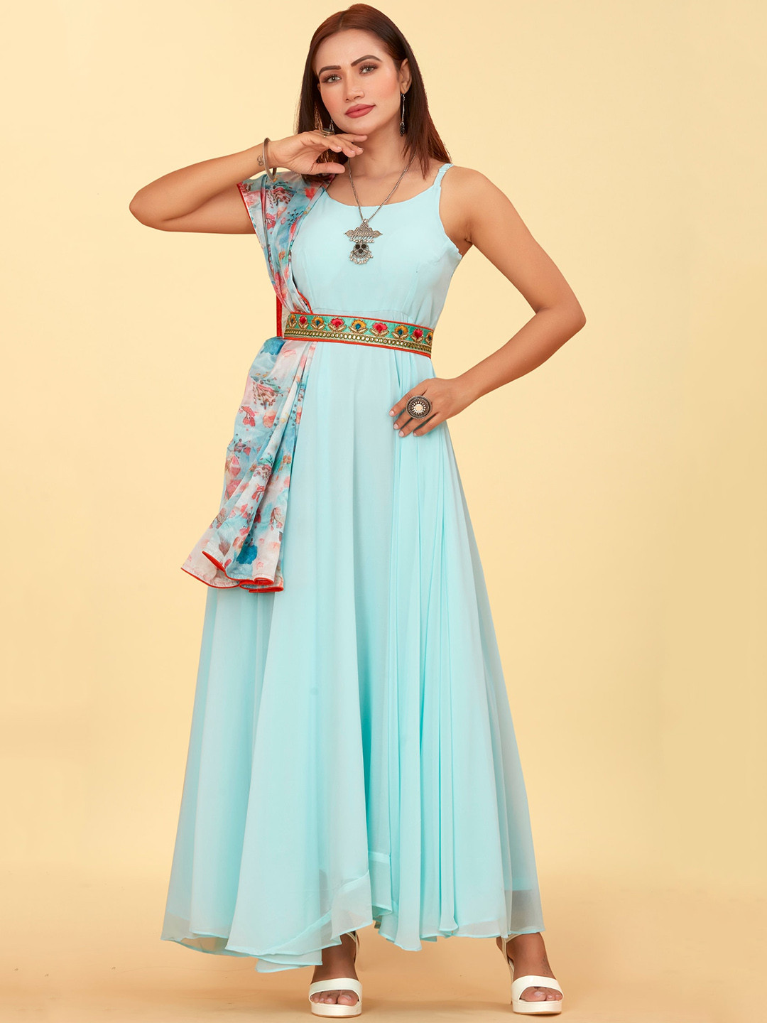 CHANSI Fit & Flared Georgette Maxi Ethnic Dress Comes With Embellished Belt & Dupatta