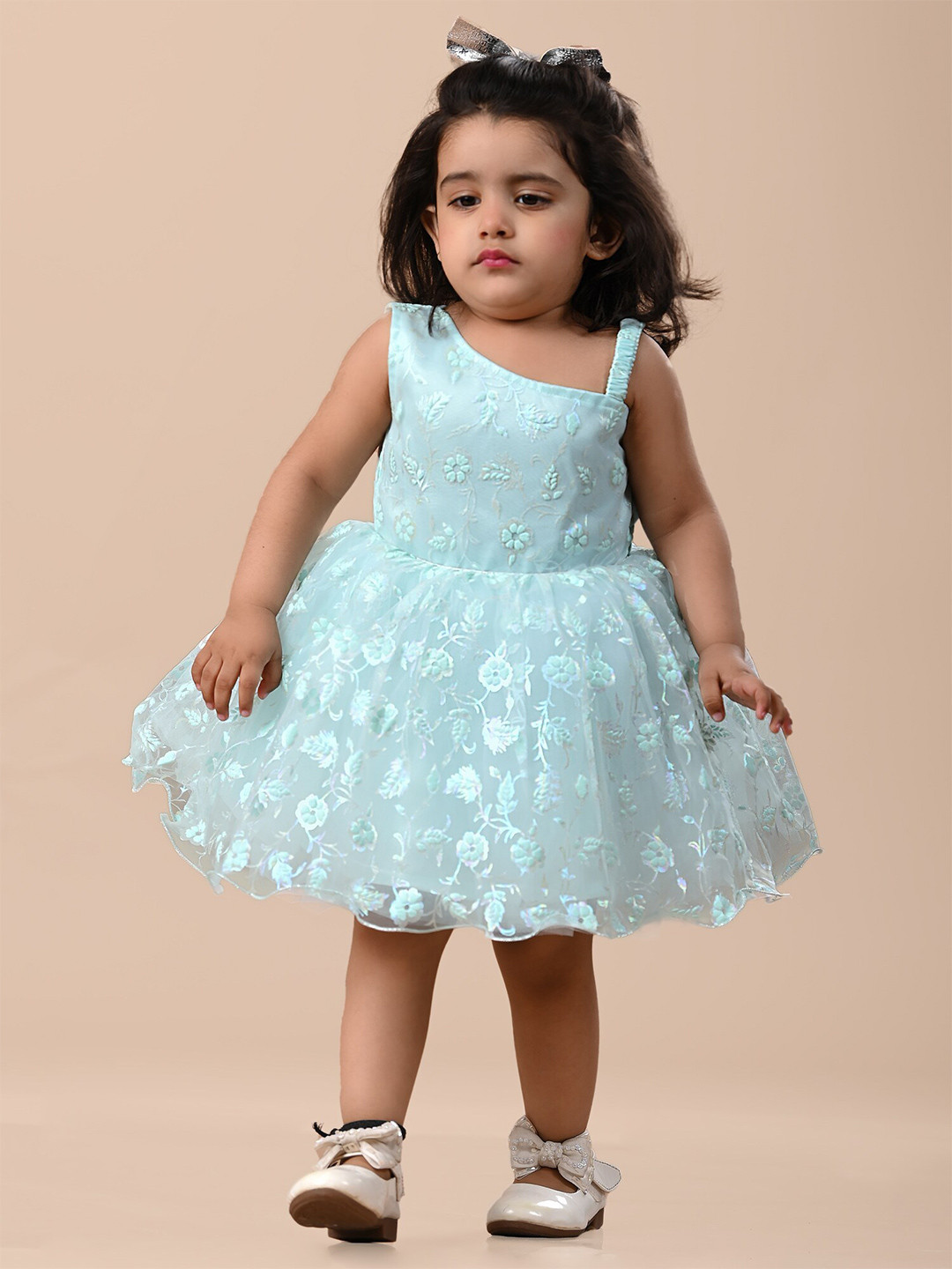 BAESD Girls Self Design One Shoulder Net Pleated Fit & Flare Dress
