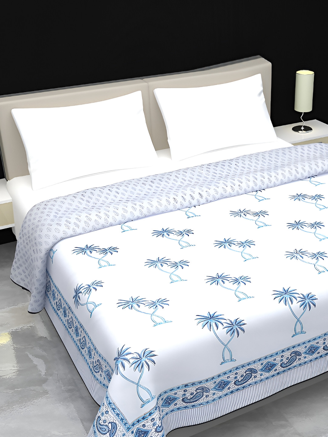 Jaipur Dohar White & Blue Floral AC Room 150 GSM Double Bed Dohar