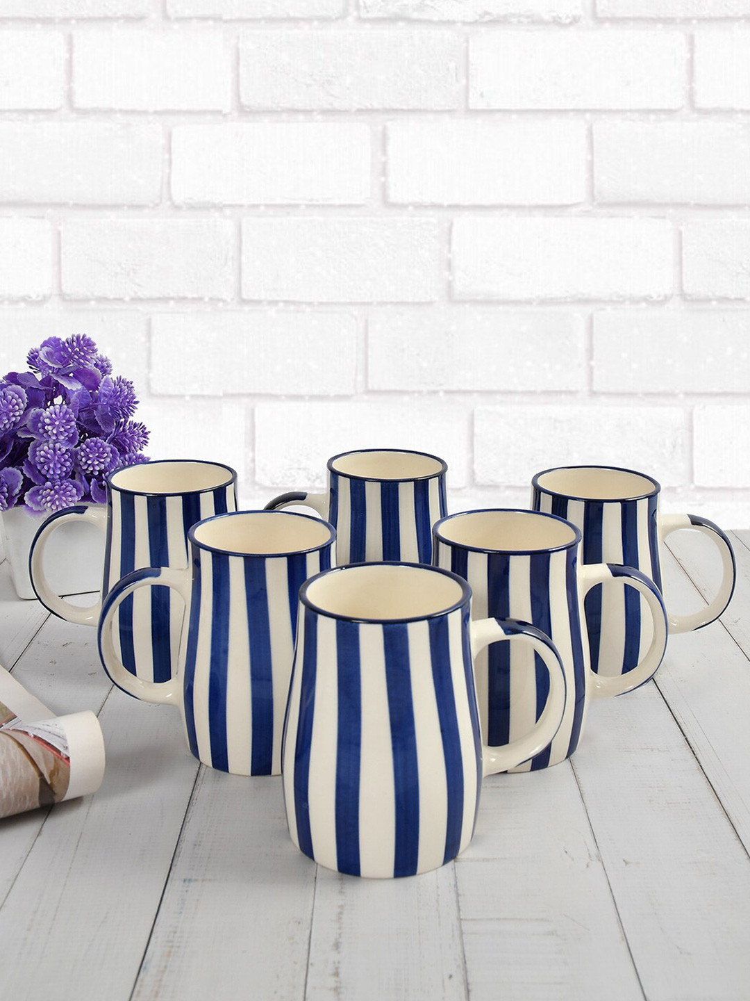 CLIO'S HERITAGE STORE Blue & White 6 Pieces Printed Ceramic Glossy Coffee Mugs 400 ml