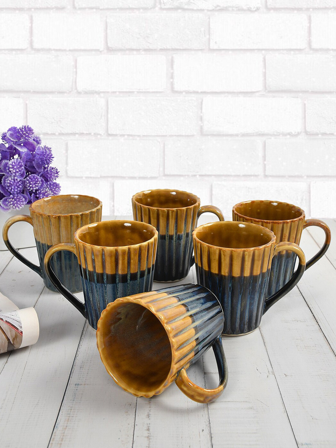 CLIO'S HERITAGE STORE Scandic Blue Striped Ceramic Microwave Safe 6 Piece Mugs-150ml