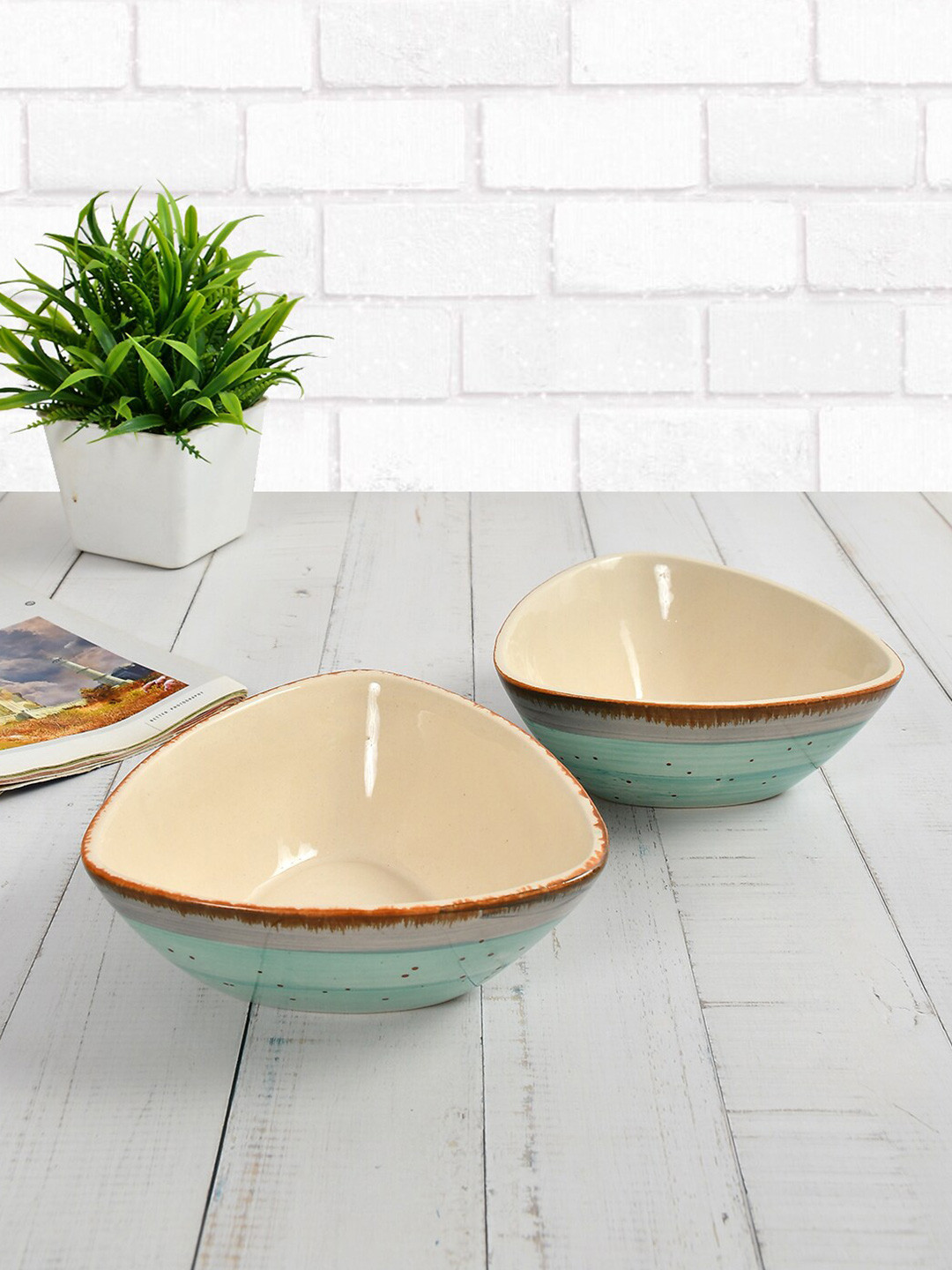 CLIO'S HERITAGE STORE Cream Brown 2 Pieces Handcrafted Printed Ceramic Core Glossy Bowls
