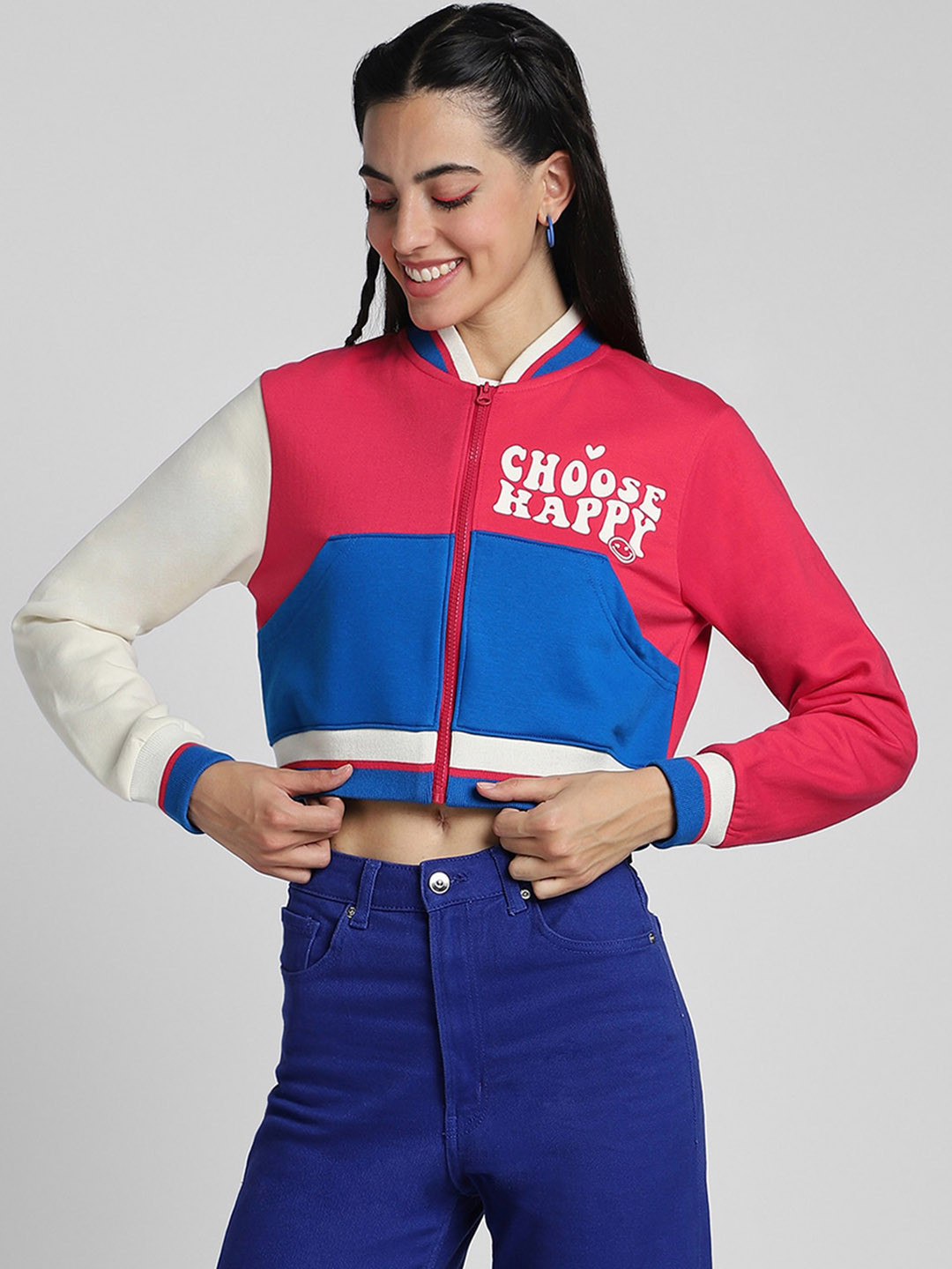 JUNEBERRY Women Pink & Blue Colorblocked Printed Fleece Hooded Crop Bomber Jacket