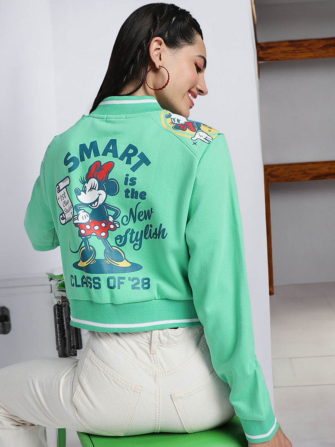 JUNEBERRY Disney Minnie Mouse Women Green Graphic Printed Hooded Bomber Jacket