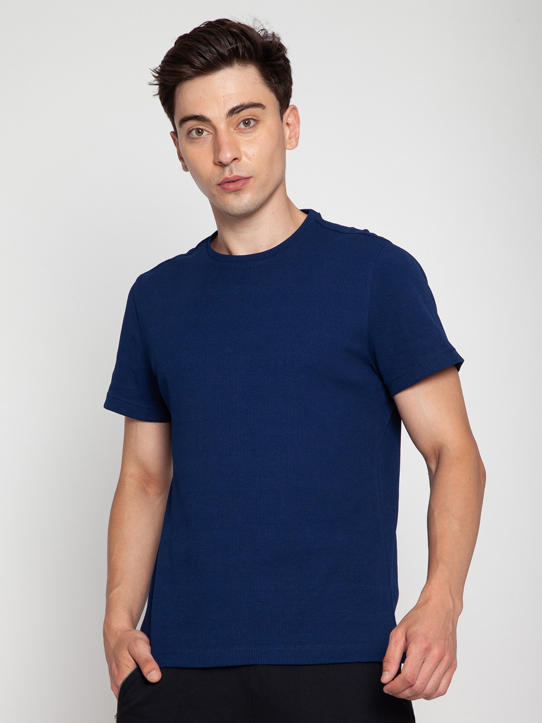 Cava Navy Ribbed Round Neck Tee