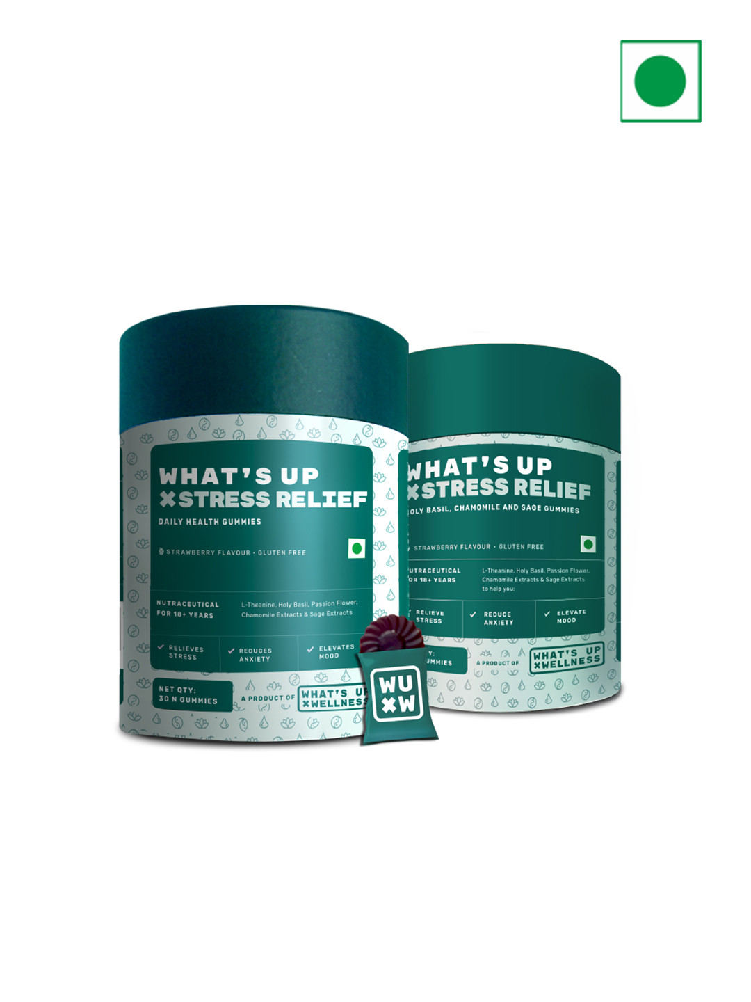 What's Up Wellness Set Of 2 Stress Relief Strawberry Daily Health Gummies - 30Pcs Each