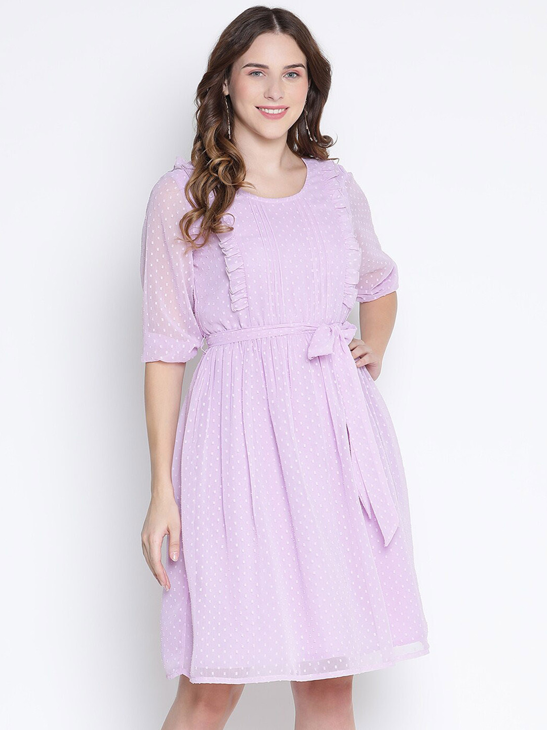 DRAAX Fashions Self Design With Ruffle Details Chiffon  A-Line Dress