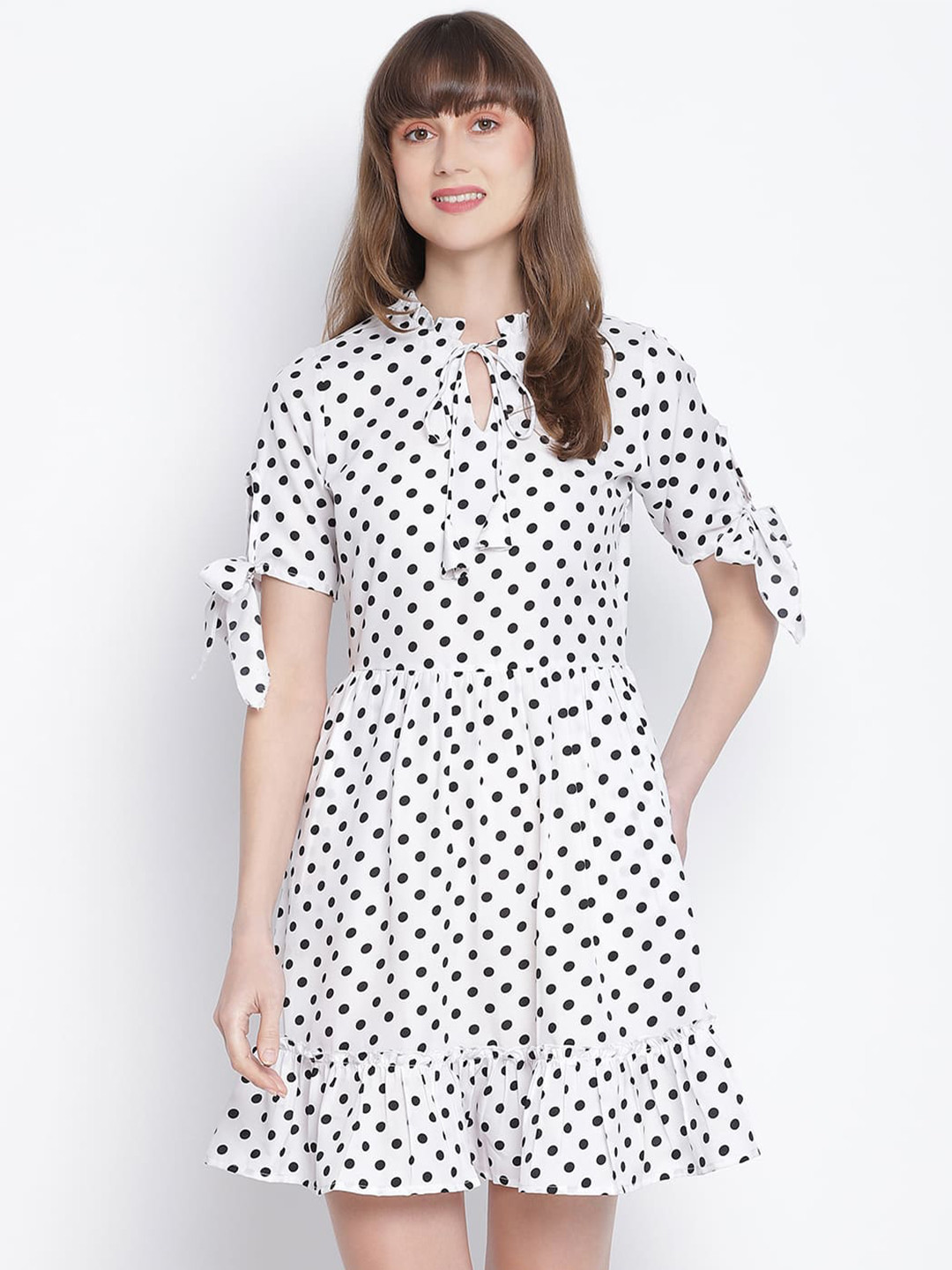 DRAAX Fashions Polka Dots Printed Tie-Up Neck Fit and Flare A-Line Dress