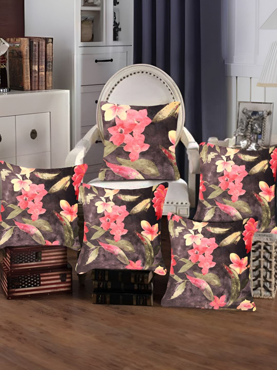 Tesmare Brown & Pink 5 Pieces Floral Printed Velvet Square Cushion Covers