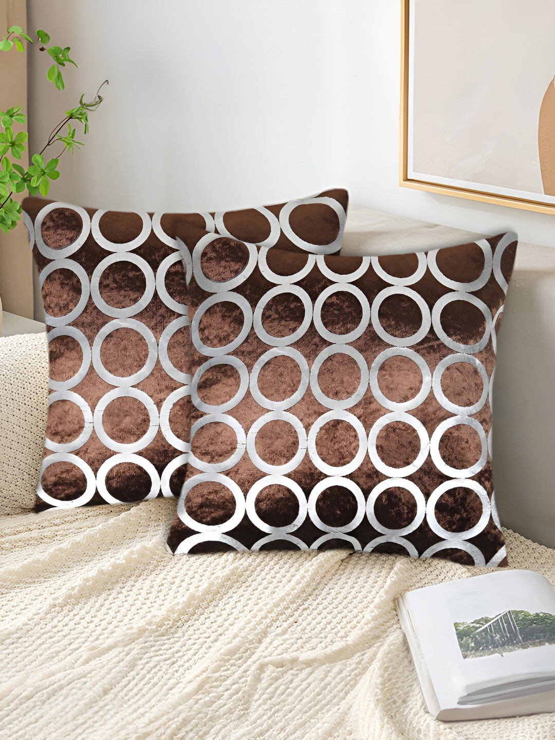 Tesmare Coffee Brown & Silver-Toned 2 Pcs Geometric Printed Velvet Square Cushion Covers