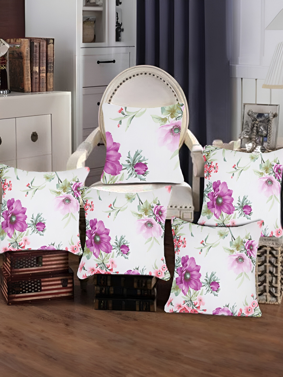 Tesmare White & Lavender 5 Pieces Floral Printed Square Cushion Covers