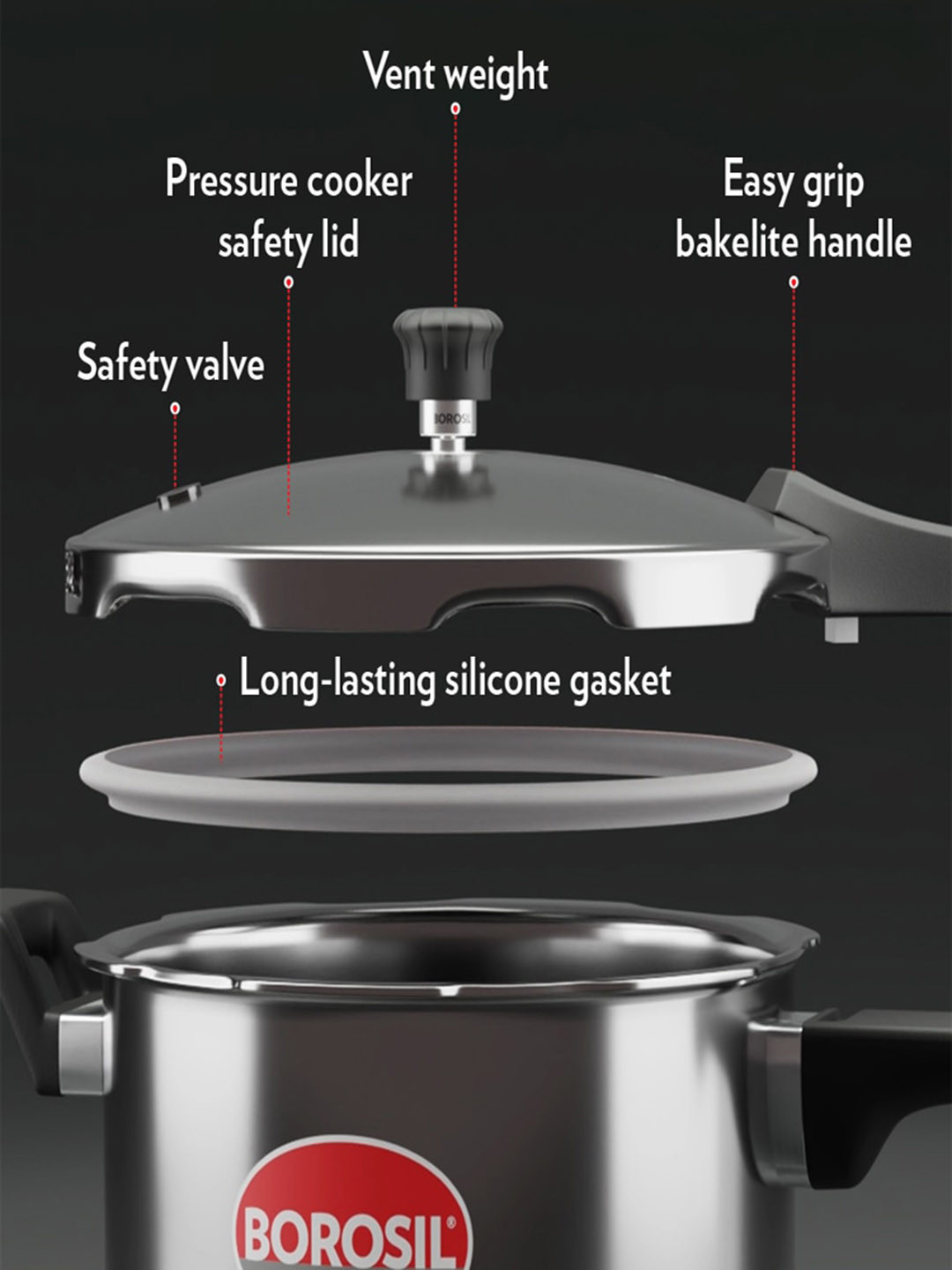 BOROSIL Presto Tri-Ply Stainless Steel Induction Base Outer Lid Pressure Cooker-5 L