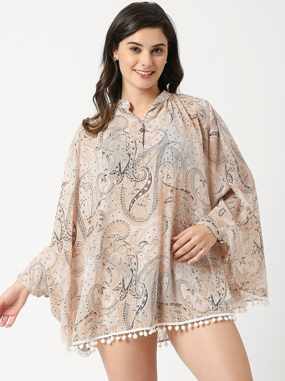 ANWAIND Beige Paisley Printed Georgette Mini Cover Up Top