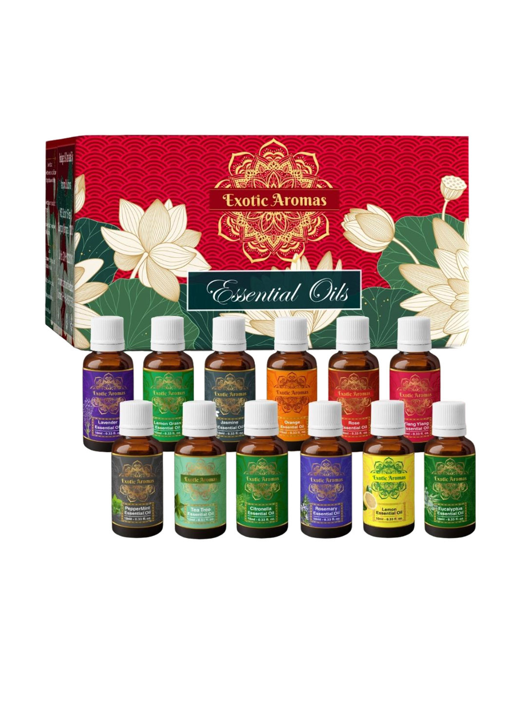 EXOTIC AROMAS 12-Pcs Essential Oils For Diffusers & Therapeutic Use - 10ml Each