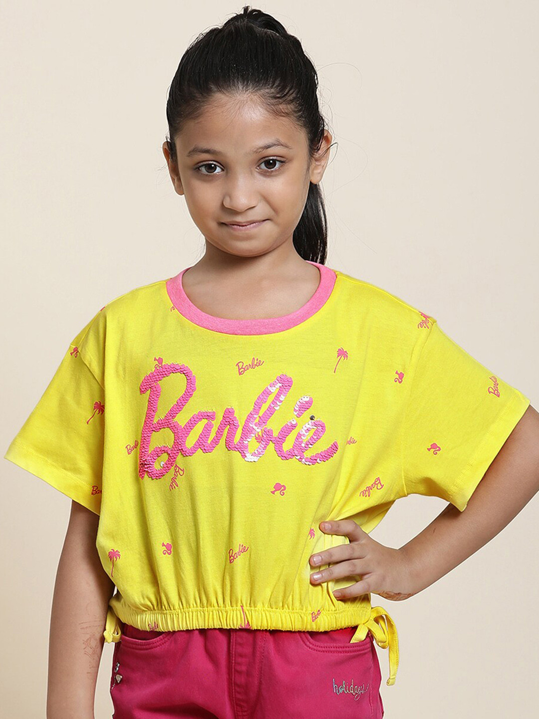 Kids Ville Girls Barbie Printed Sequined Cotton T-shirt