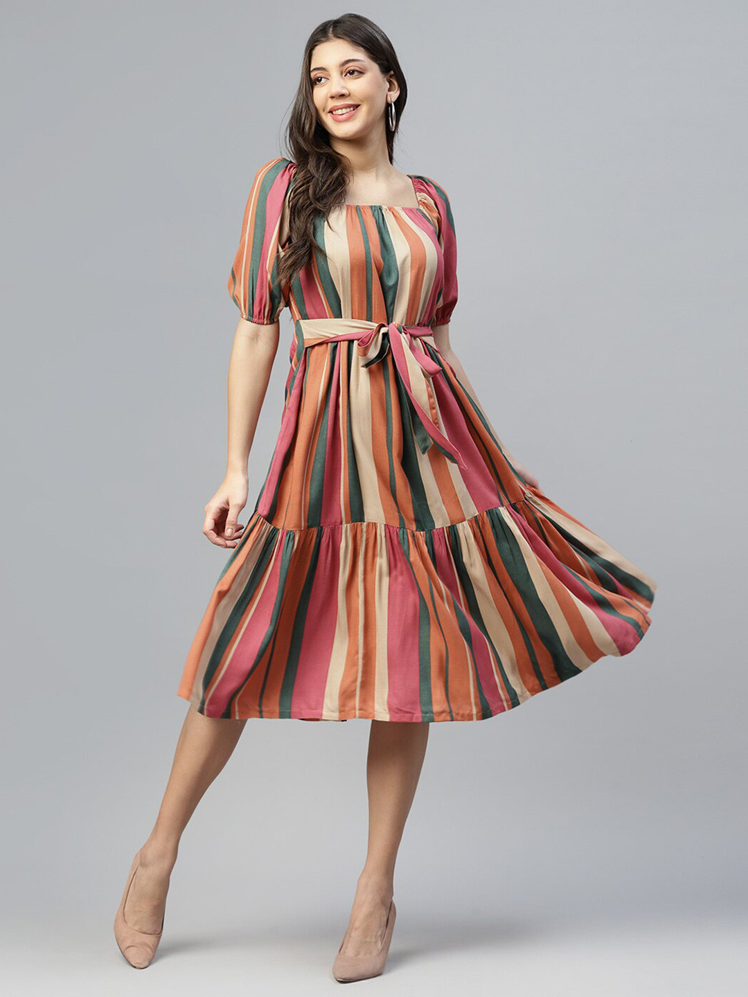 Vibes by Vibes by Deebaco   Multistriped Square Neck Midi Dress