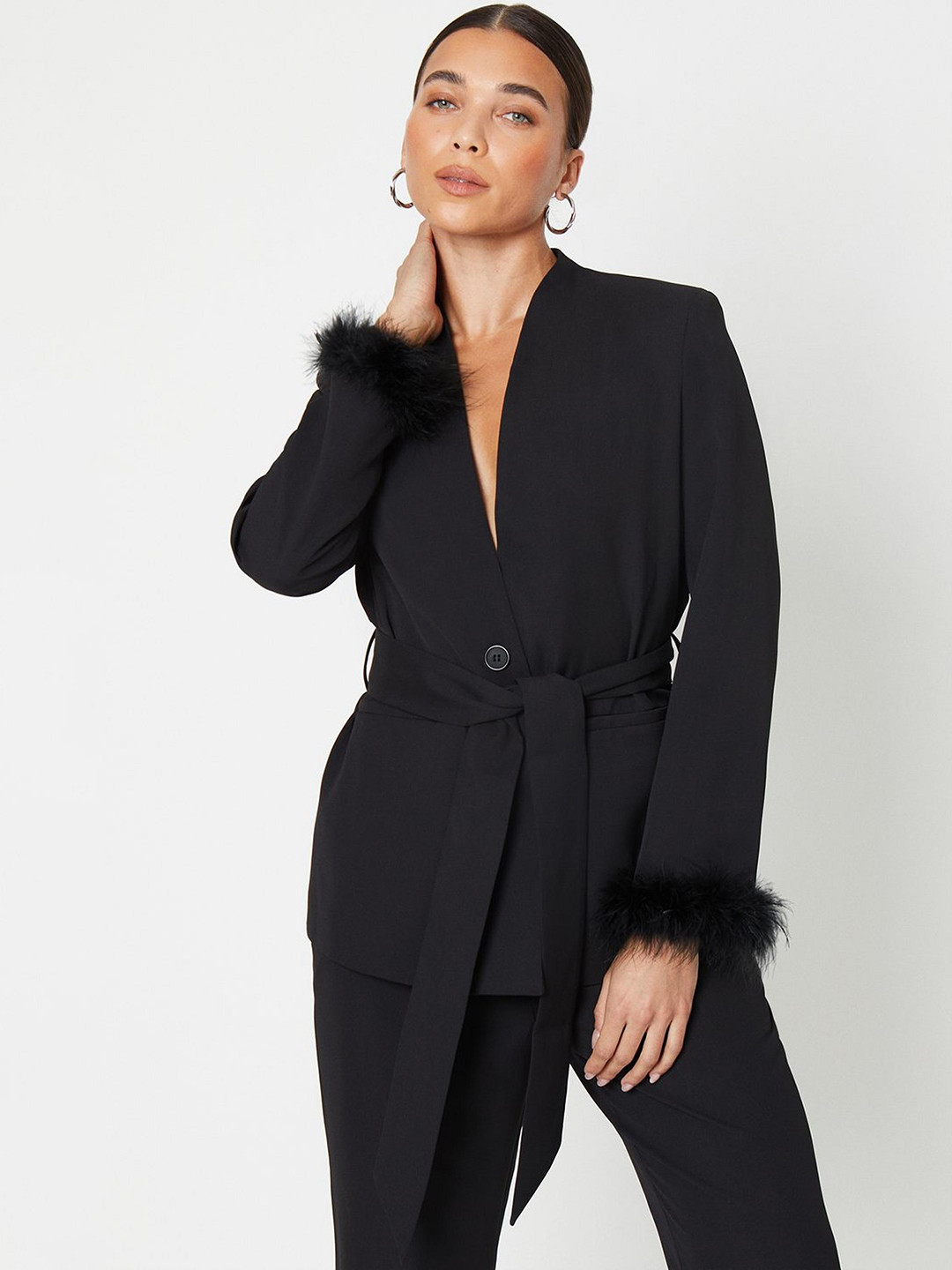 DOROTHY PERKINS Petite Faux Feather Blazer With Shoulder Pads