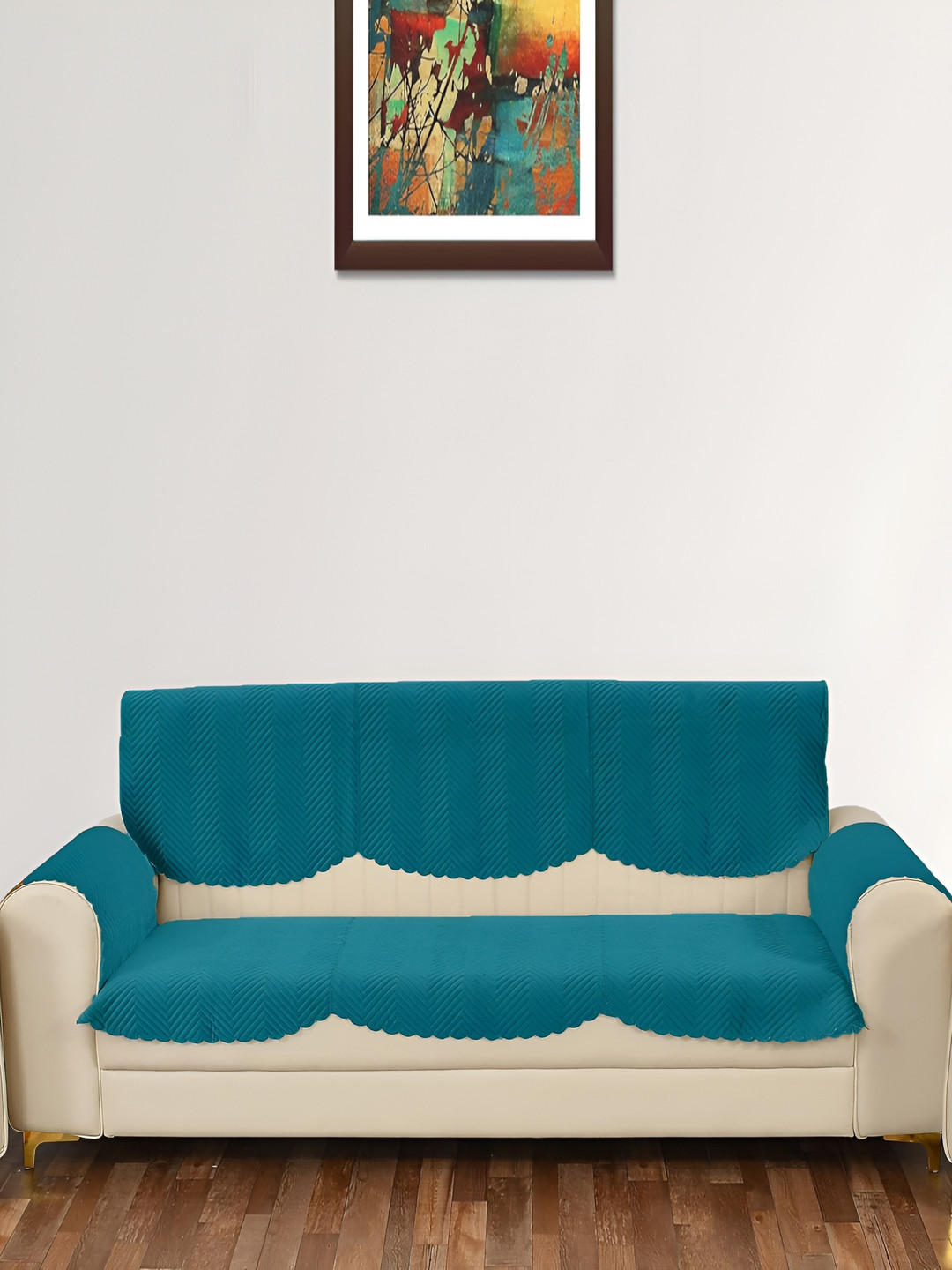 Sparrow world Teal Blue 4 Pieces Quilted Velvet  Seater Sofa Covers With Arms
