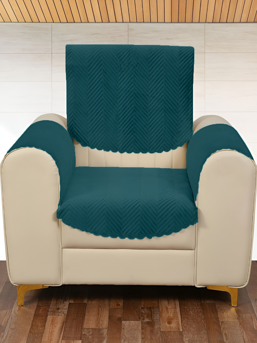 Sparrow world Teal Green 4 Pieces Velvet Quilted 1 Seater Sofa Cover With Arms