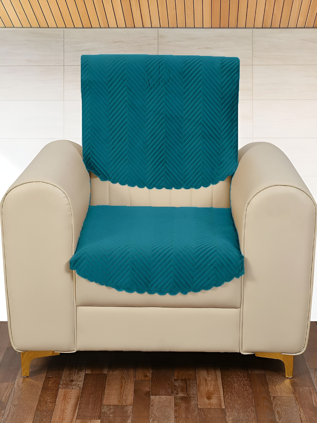 Sparrow world Teal Blue 2 Pieces Quilted Self Design Velvet 1 Seater Sofa Cover