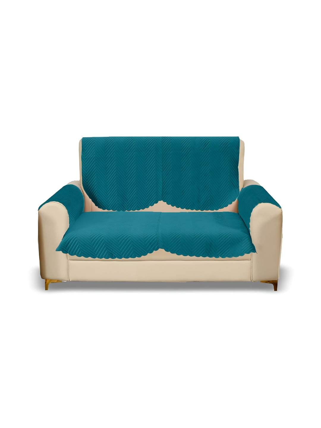 Sparrow world Teal Blue 4 Pieces Velvet Quilted 2 Seater Sofa Covers With Arms