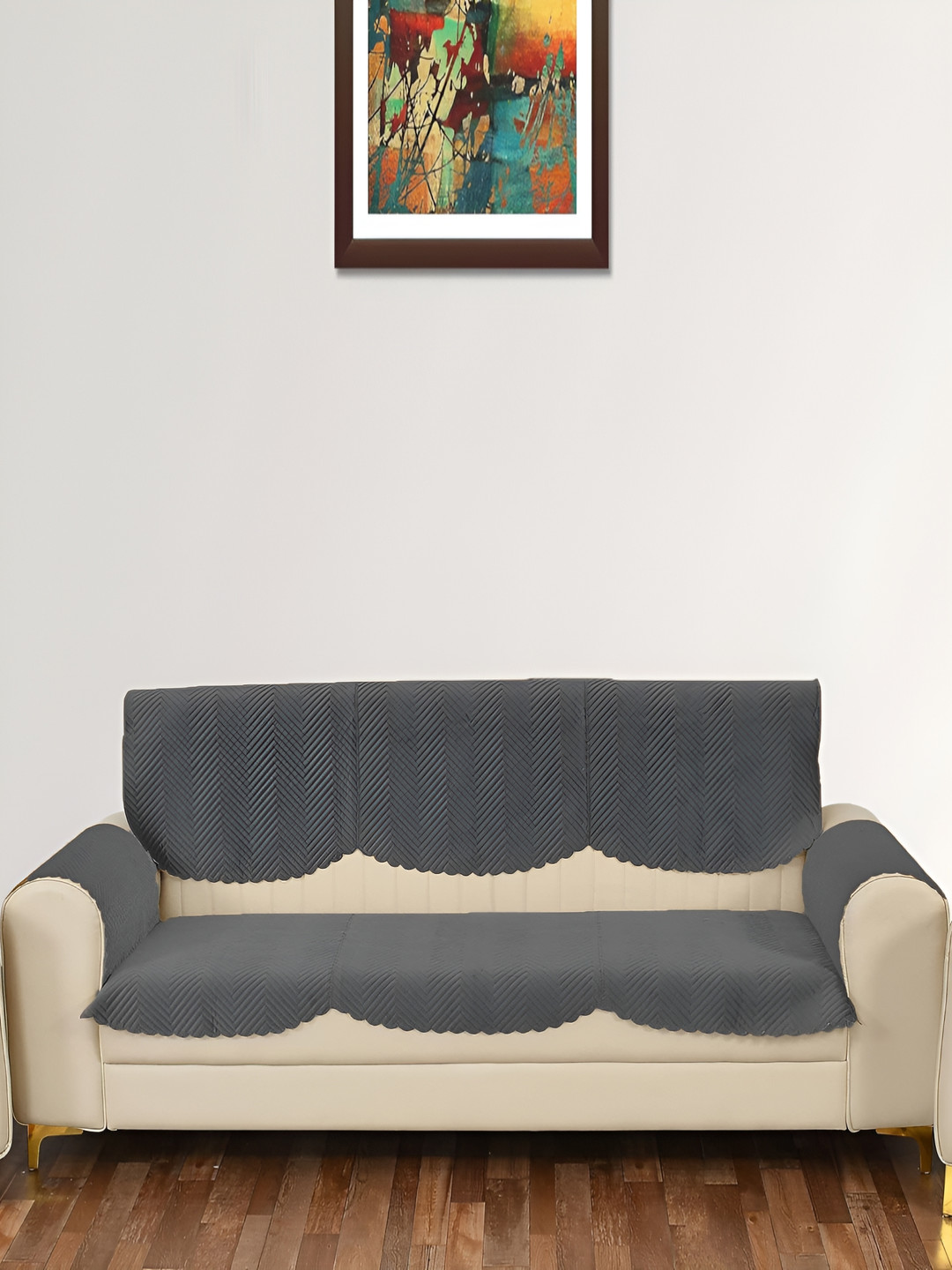 Sparrow world Grey  4 Pieces Velvet Quilted 3 Seater Sofa Covers With Arms